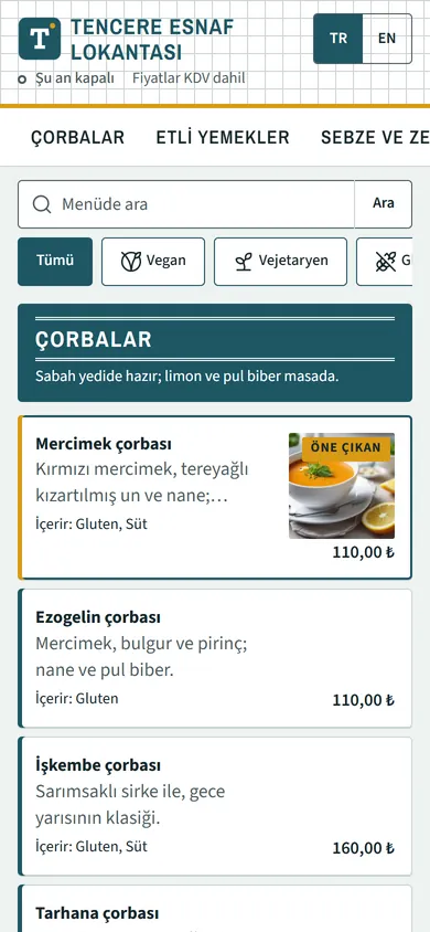 Tencere Esnaf Lokantası örnek menüsü: petrol yeşili, kareli zemin