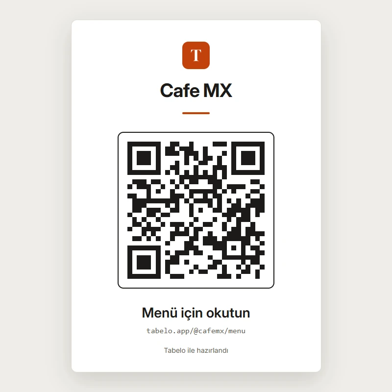 Masada duran QR menü kartı: QR kod ve “Menü için okutun” yazısı