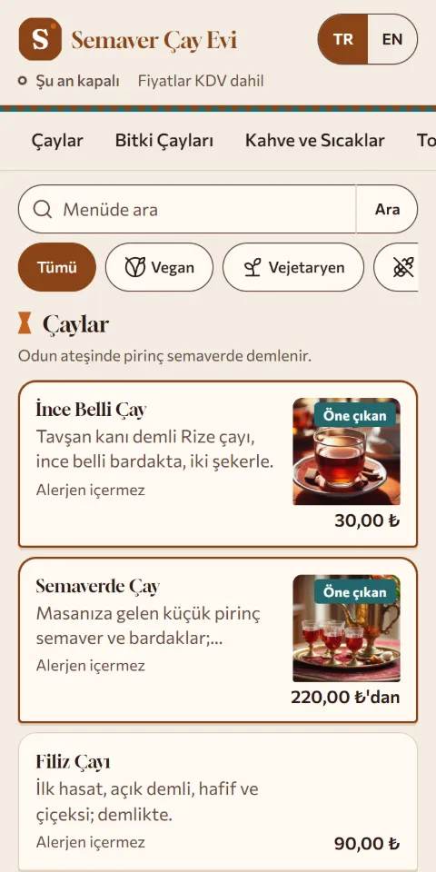Semaver Çay Evi örnek menüsünün 390 px ekran görüntüsü