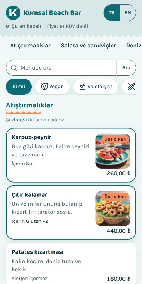 Kumsal Beach Bar örnek menüsünün 390 px ekran görüntüsü