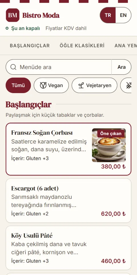 Bistro Moda örnek menüsünün 390 px ekran görüntüsü