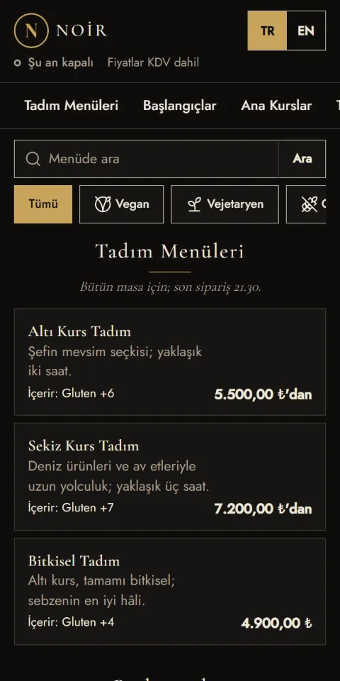 Noir örnek menüsünün 390 px ekran görüntüsü