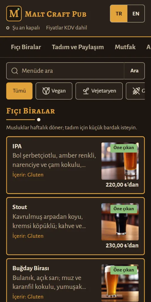 Malt Craft Pub örnek menüsünün 390 px ekran görüntüsü