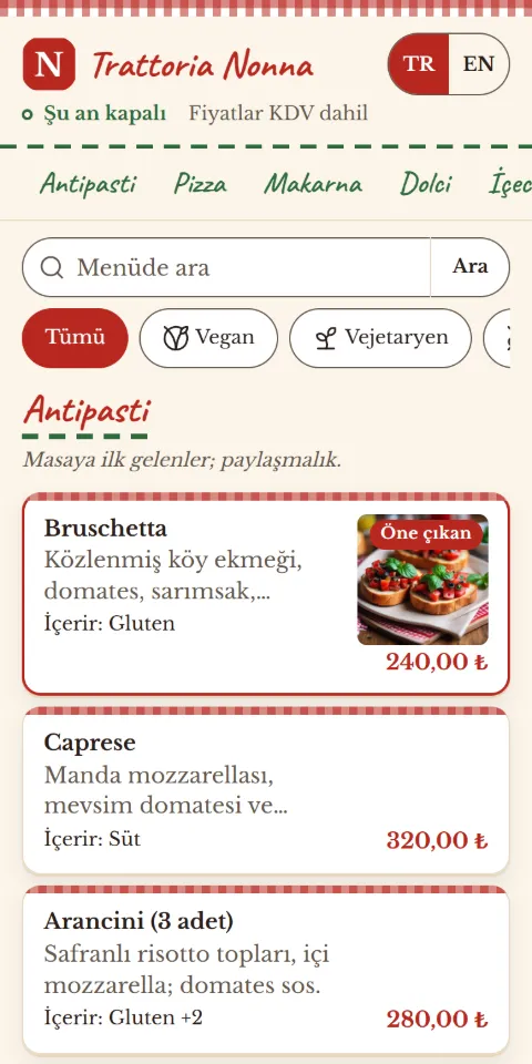 Trattoria Nonna örnek menüsünün 390 px ekran görüntüsü