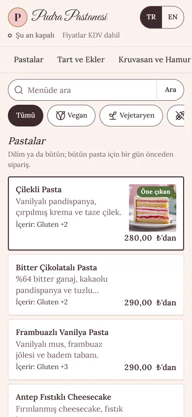 Pastel tonlu bir tema ile hazırlanmış örnek menü