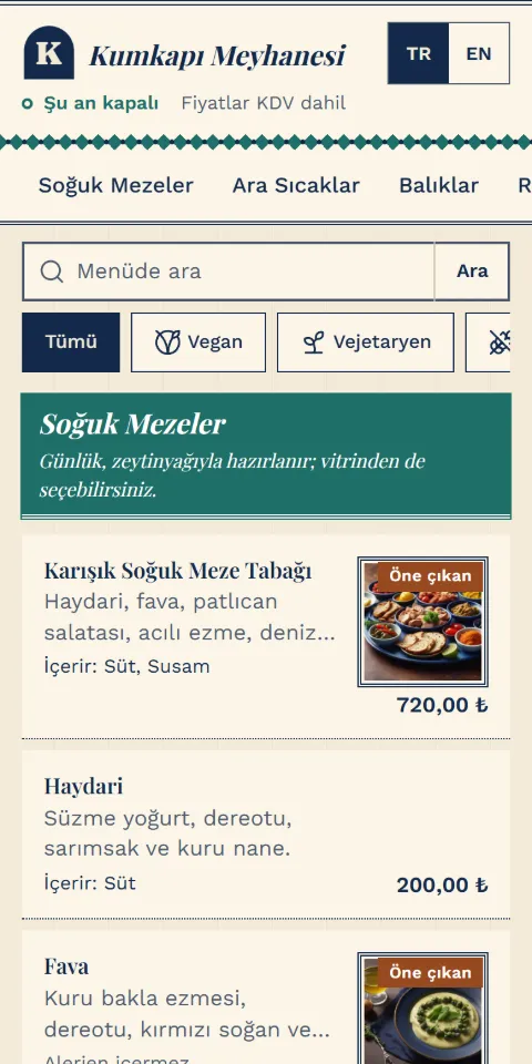 Kumkapı Meyhanesi örnek menüsünün 390 px ekran görüntüsü