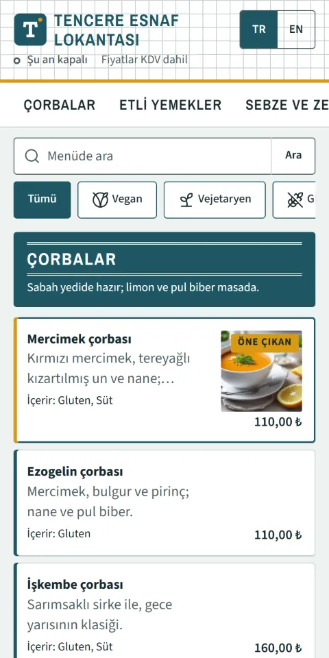 Tencere Esnaf Lokantası örnek menüsünün 390 px ekran görüntüsü