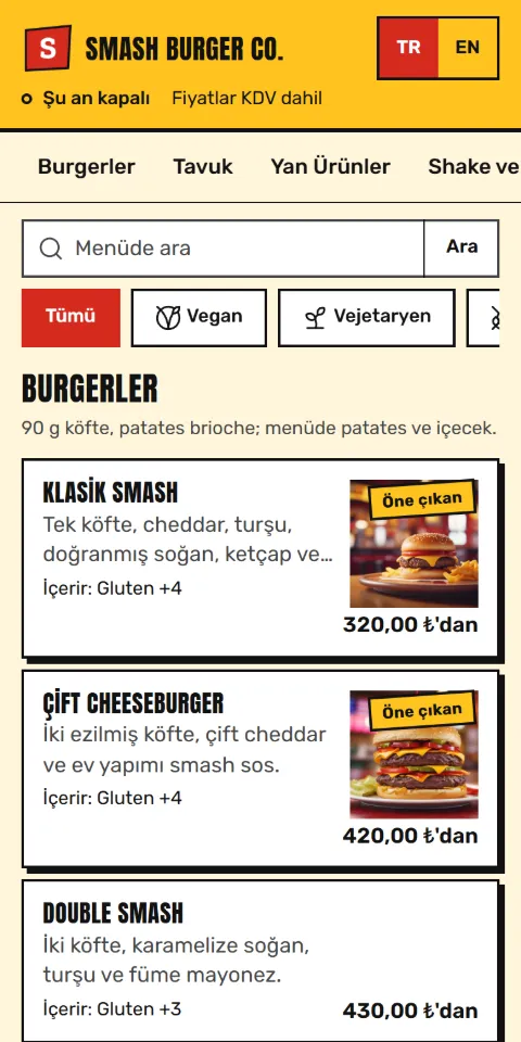 Smash Burger Co. örnek menüsünün 390 px ekran görüntüsü