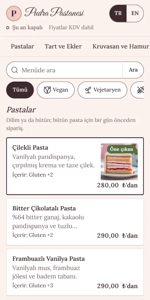 Pudra Pastanesi örnek menüsünün 390 px ekran görüntüsü