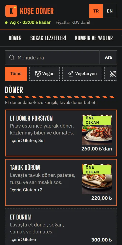 Köşe Döner örnek menüsünün 390 px ekran görüntüsü