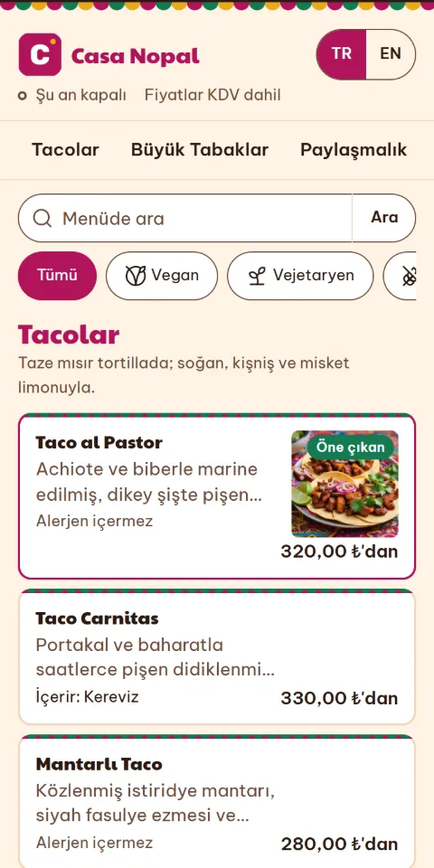 Casa Nopal örnek menüsünün 390 px ekran görüntüsü