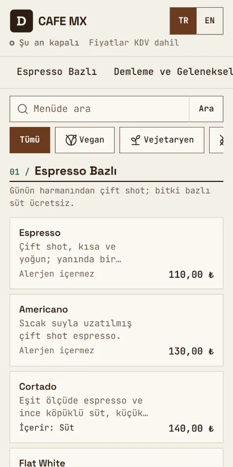 Cafe MX örnek menüsünün 390 px ekran görüntüsü