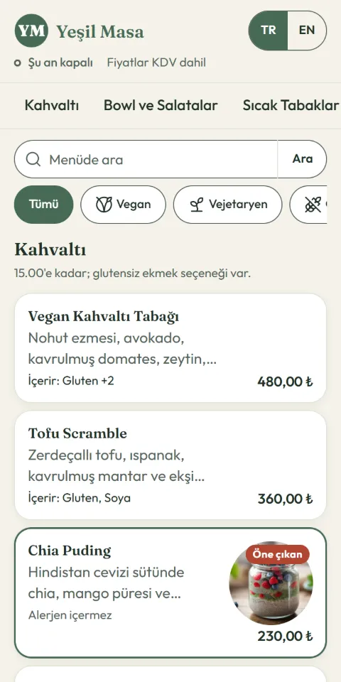 Yeşil Masa örnek menüsünün 390 px ekran görüntüsü