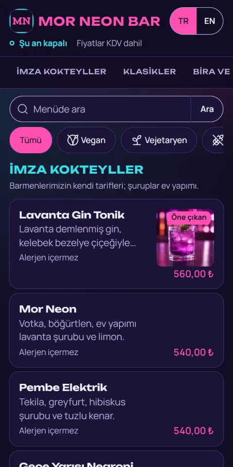 Mor Neon Bar örnek menüsünün 390 px ekran görüntüsü