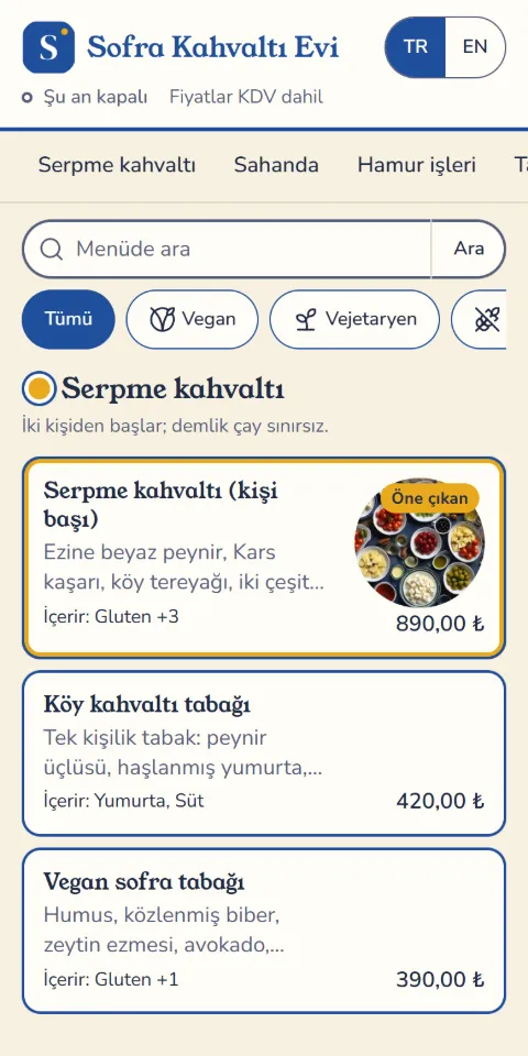 Sofra Kahvaltı Evi örnek menüsünün 390 px ekran görüntüsü