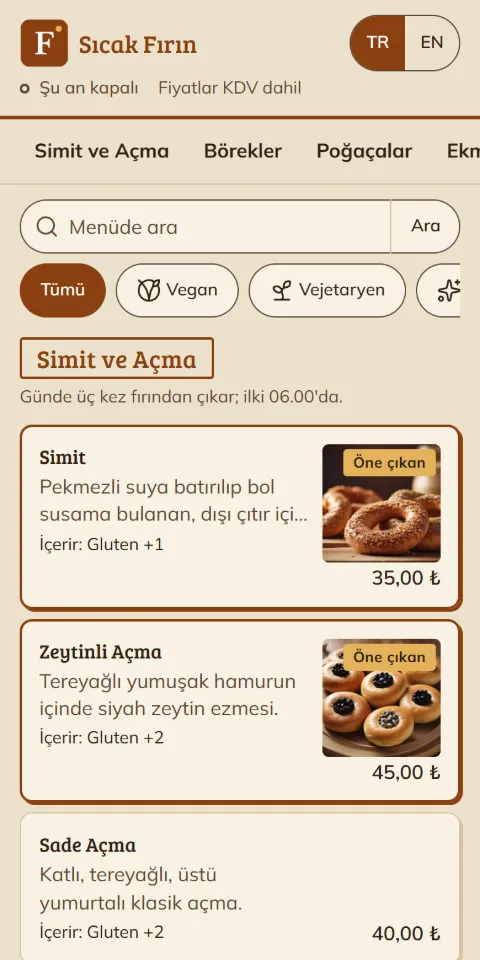Sıcak Fırın örnek menüsünün 390 px ekran görüntüsü