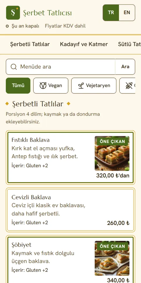 Şerbet Tatlıcısı örnek menüsünün 390 px ekran görüntüsü