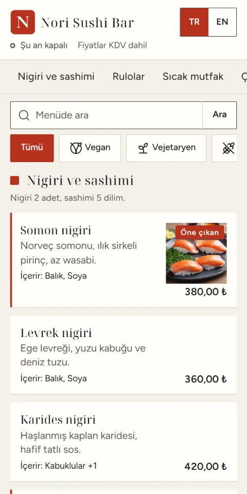 Nori Sushi Bar örnek menüsünün 390 px ekran görüntüsü