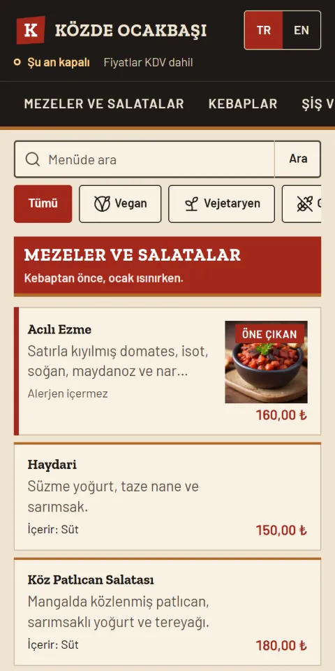 Közde Ocakbaşı örnek menüsünün 390 px ekran görüntüsü